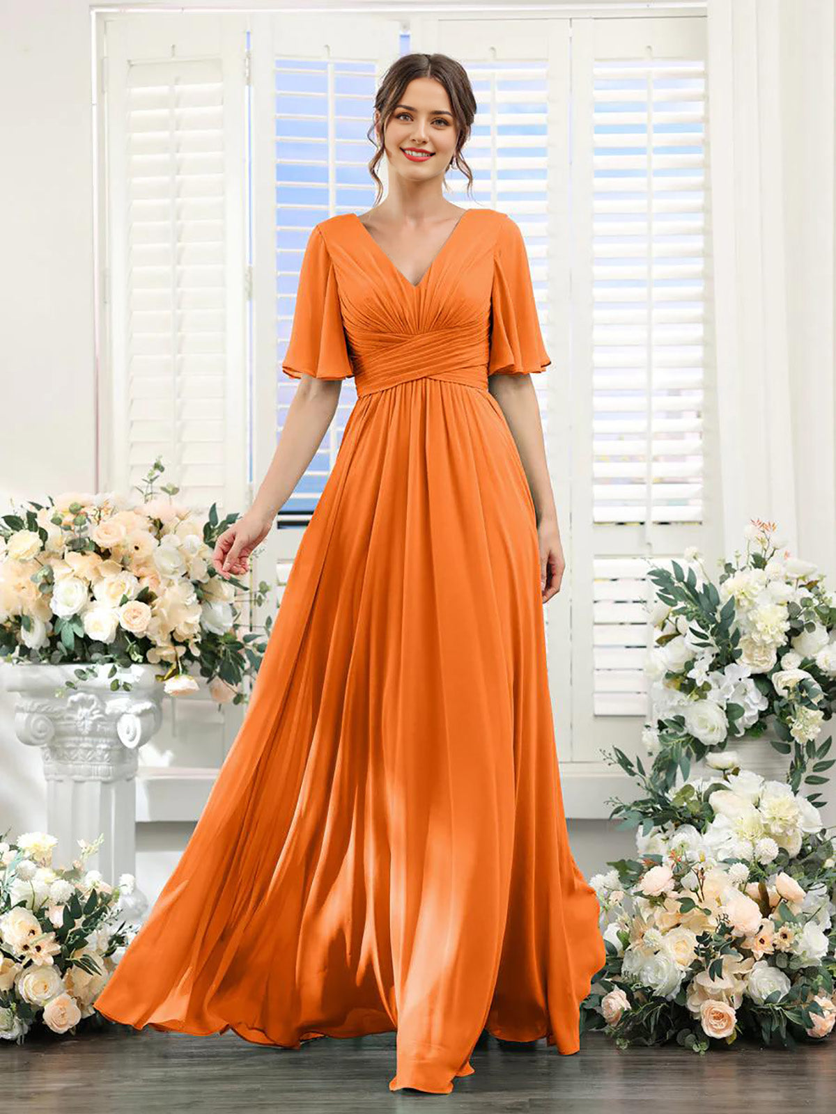 Vestido de dama de honor de manga corta con escote en V y corte A para invitada de boda, largo de gasa, vestido formal de fiesta con abertura